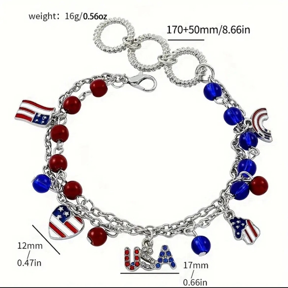 Patriotic USA Flag Charm Bracelet Red White Blue Beaded 4th of July Silver Tone